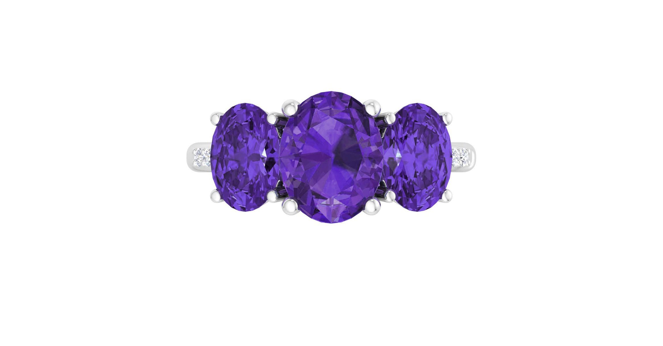 Lab Created Martha Stewart 5 Carat Oval Shape Amethyst and Lab Grown Diamond Three Stone Plus Ring In Sterling Silver