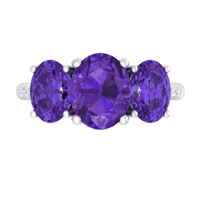 Lab Created Martha Stewart 5 Carat Oval Shape Amethyst and Lab Grown Diamond Three Stone Plus Ring In Sterling Silver