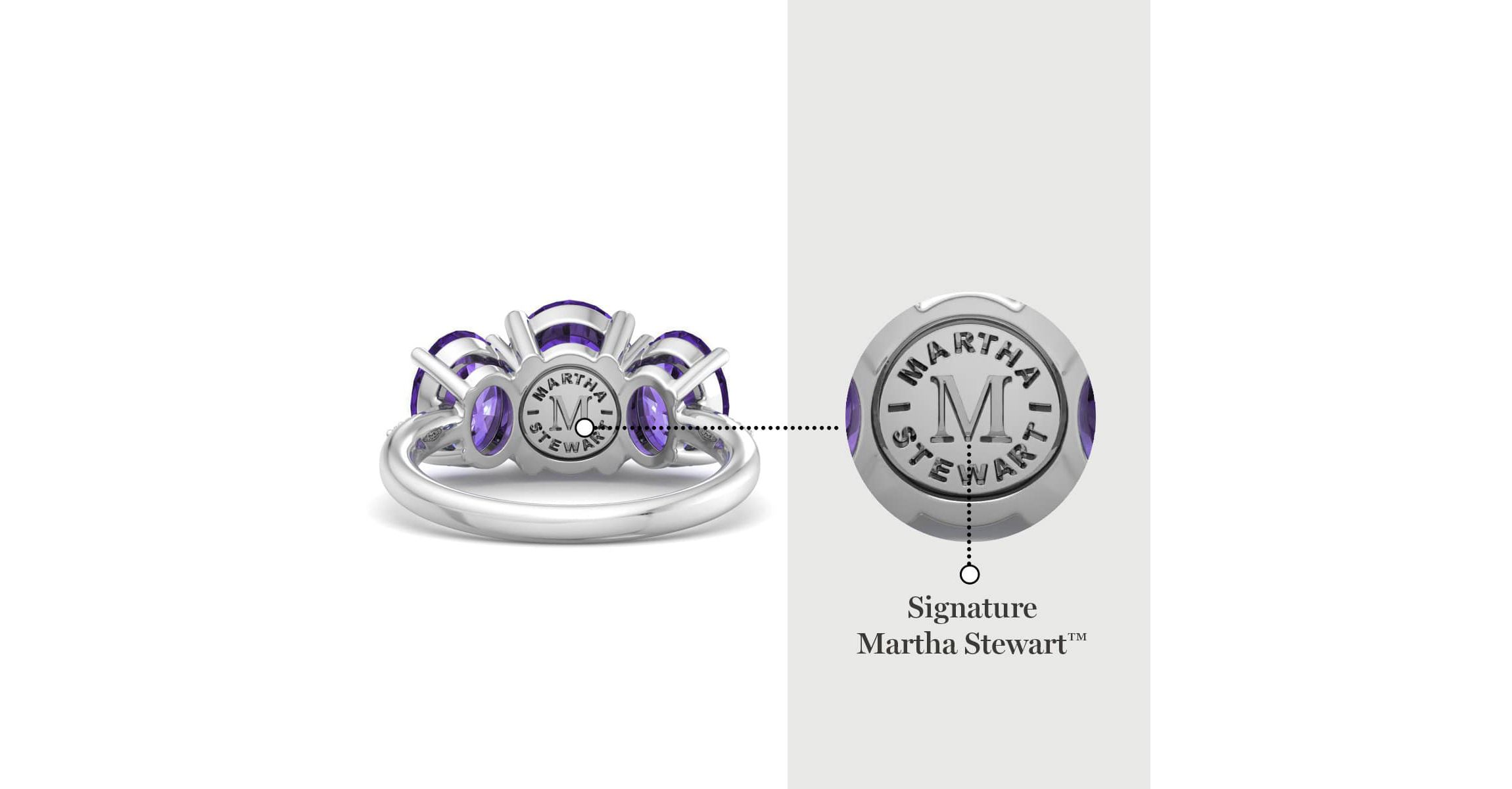 Lab Created Martha Stewart 5 Carat Oval Shape Amethyst and Lab Grown Diamond Three Stone Plus Ring In Sterling Silver