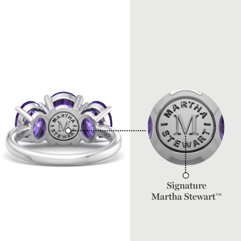 Lab Created Martha Stewart 5 Carat Oval Shape Amethyst and Lab Grown Diamond Three Stone Plus Ring In Sterling Silver