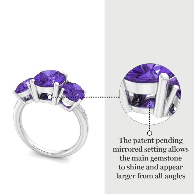 Lab Created Martha Stewart 5 Carat Oval Shape Amethyst and Lab Grown Diamond Three Stone Plus Ring In Sterling Silver