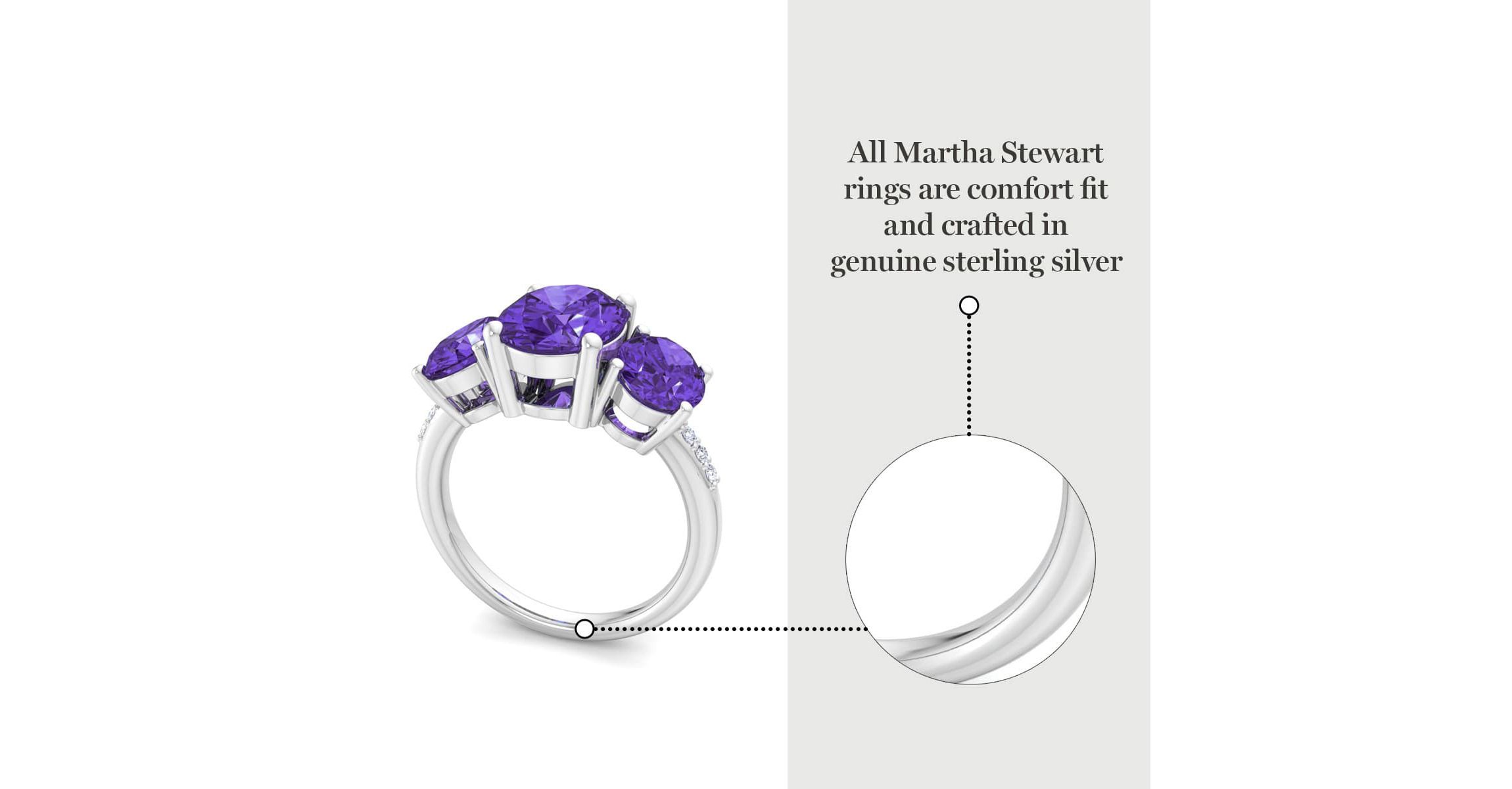 Lab Created Martha Stewart 5 Carat Oval Shape Amethyst and Lab Grown Diamond Three Stone Plus Ring In Sterling Silver