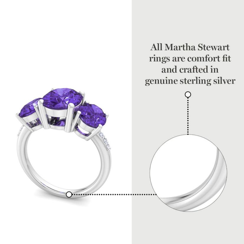 Lab Created Martha Stewart 5 Carat Oval Shape Amethyst and Lab Grown Diamond Three Stone Plus Ring In Sterling Silver