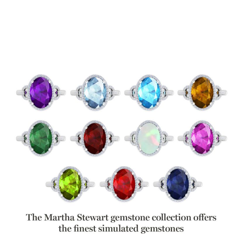 Lab Created Martha Stewart 6 3/4 Carat Oval Shape Gemstone and Lab Grown Diamond Halo Ring In Sterling Silver