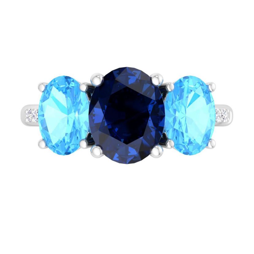 Lab Created Martha Stewart 5 Carat Oval Shape Sapphire, Blue Topaz and Lab Grown Diamond Three Stone Plus Ring In Sterling Silver