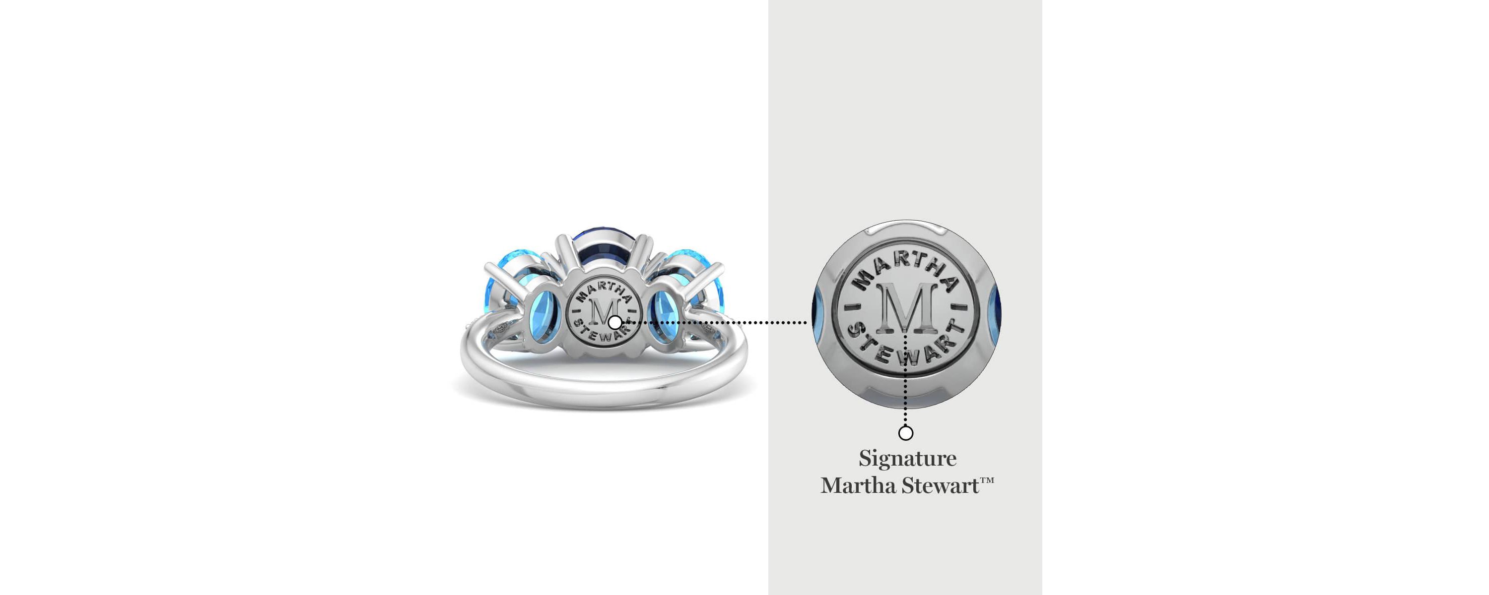 Lab Created Martha Stewart 5 Carat Oval Shape Sapphire, Blue Topaz and Lab Grown Diamond Three Stone Plus Ring In Sterling Silver