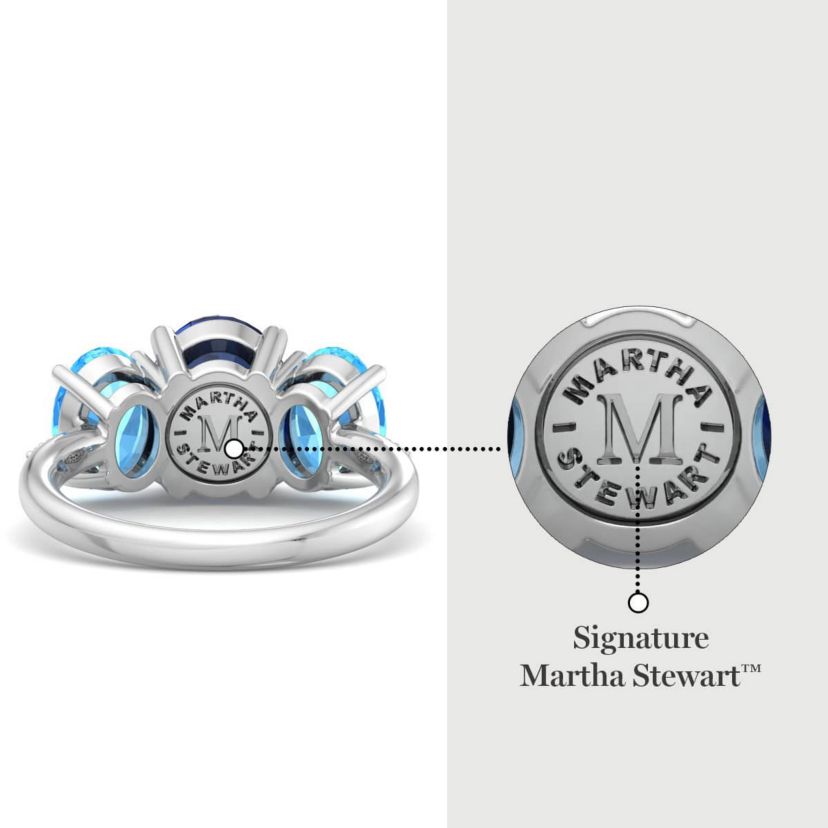 Lab Created Martha Stewart 5 Carat Oval Shape Sapphire, Blue Topaz and Lab Grown Diamond Three Stone Plus Ring In Sterling Silver
