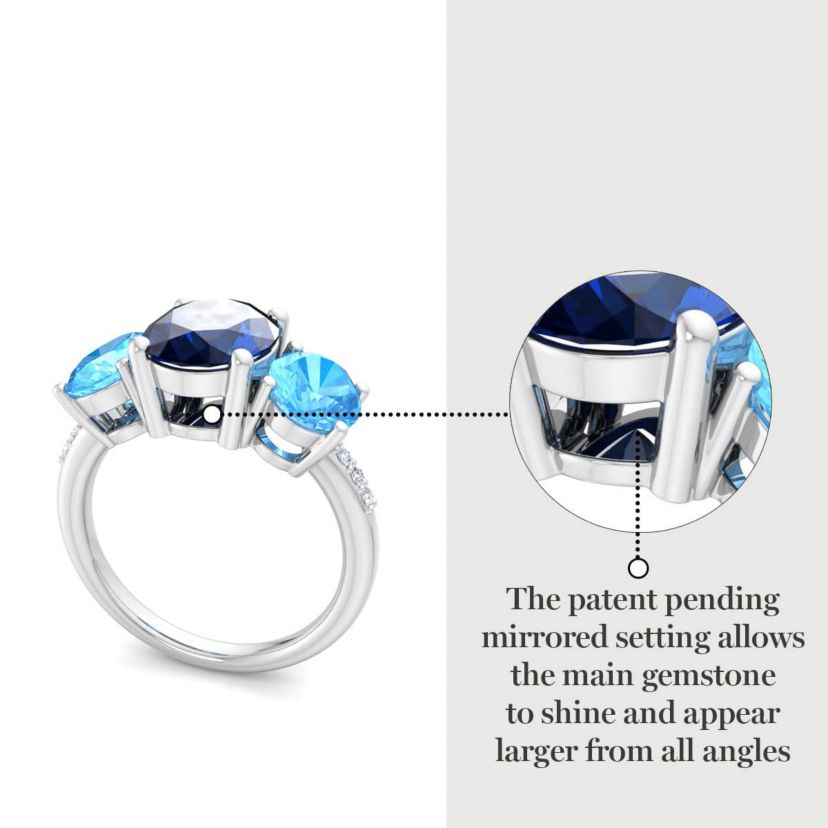 Lab Created Martha Stewart 5 Carat Oval Shape Sapphire, Blue Topaz and Lab Grown Diamond Three Stone Plus Ring In Sterling Silver