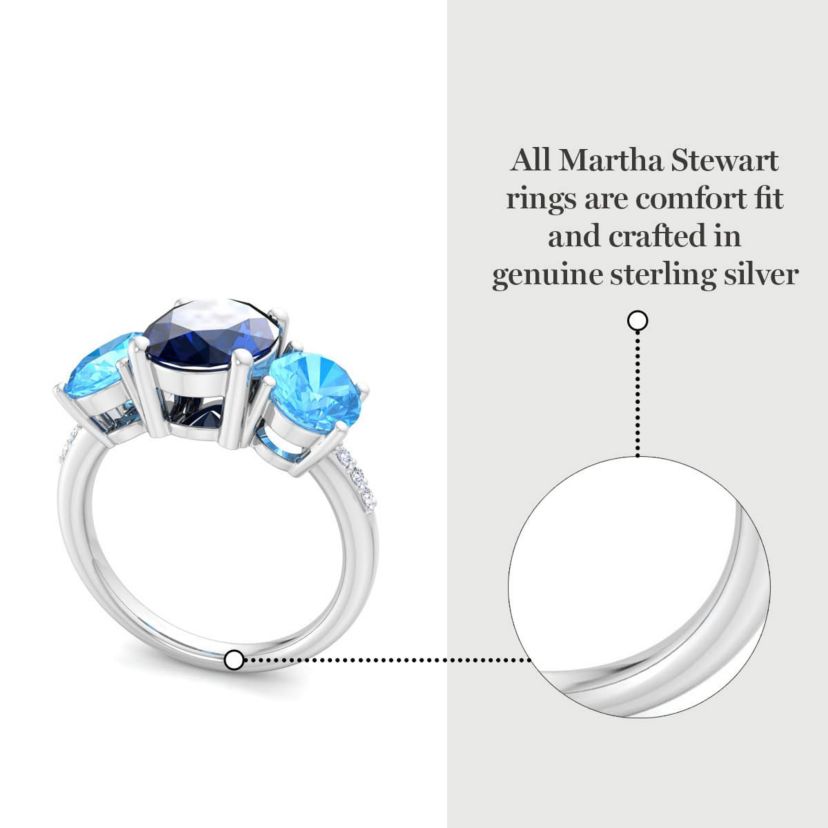 Lab Created Martha Stewart 5 Carat Oval Shape Sapphire, Blue Topaz and Lab Grown Diamond Three Stone Plus Ring In Sterling Silver