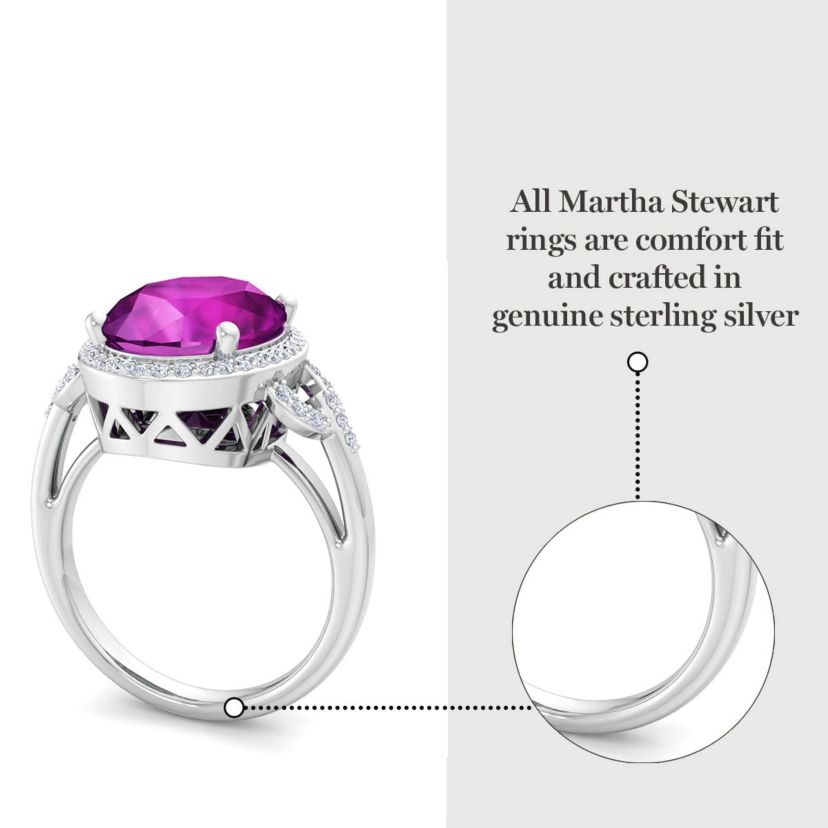 Lab Created Martha Stewart 6 3/4 Carat Oval Shape Gemstone and Lab Grown Diamond Halo Ring In Sterling Silver