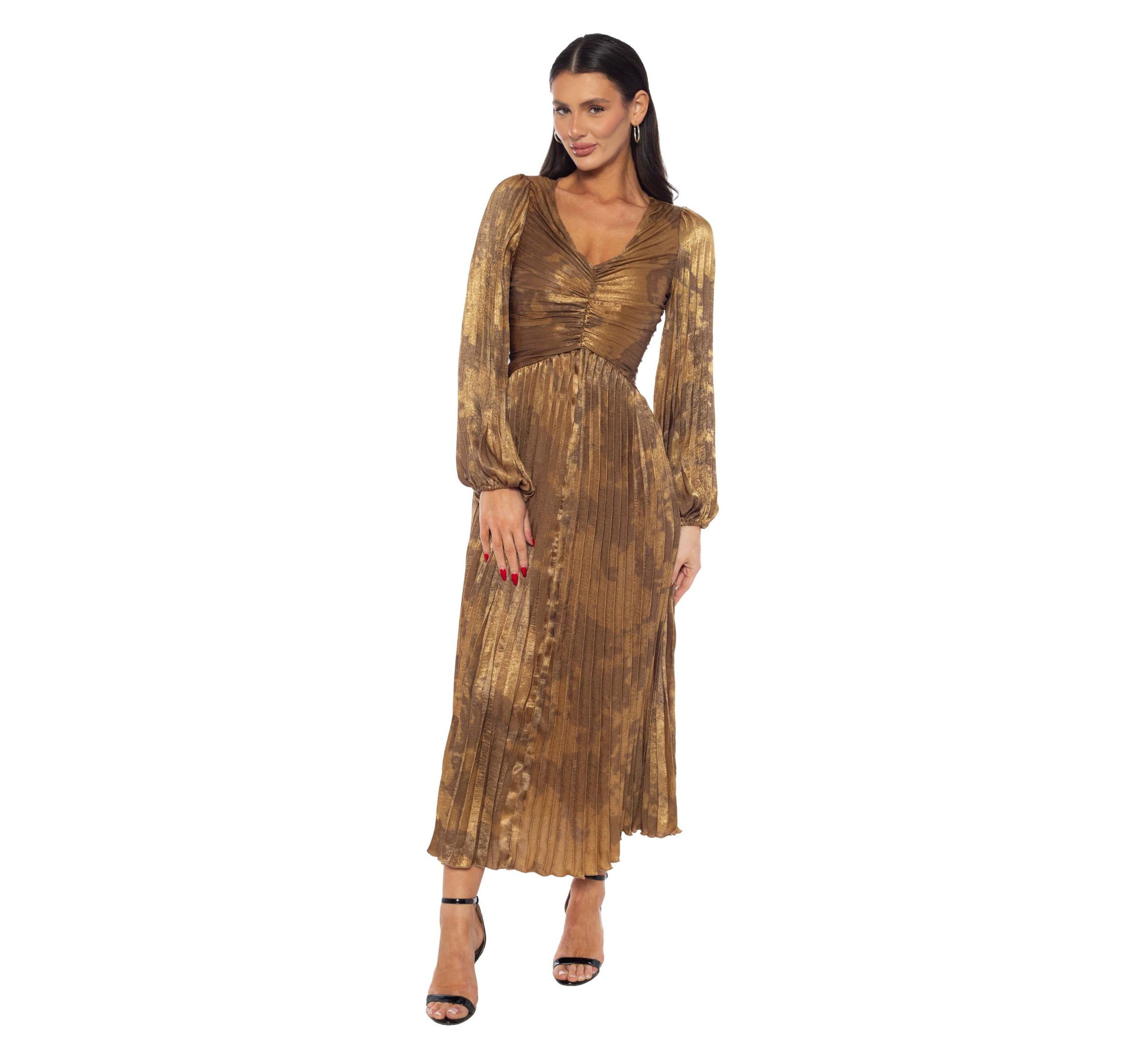 V-Neck Pleated Long Sleeve Dress
