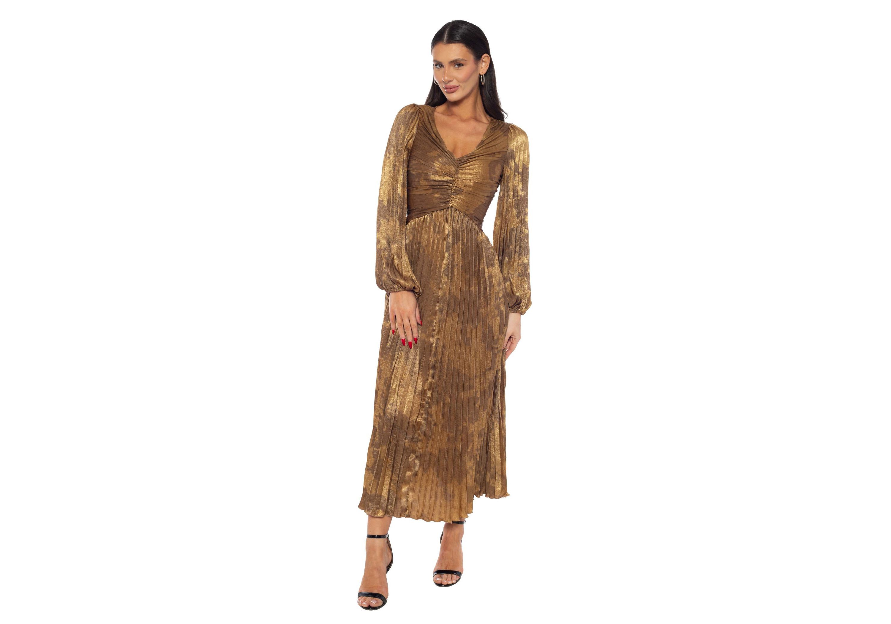 V-Neck Pleated Long Sleeve Dress