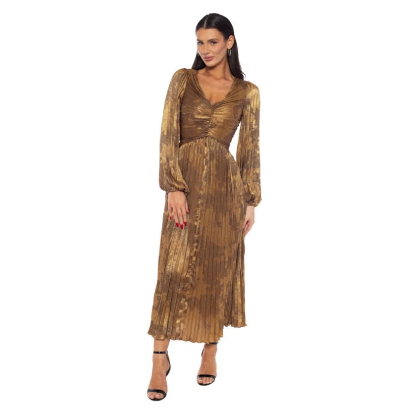 V-Neck Pleated Long Sleeve Dress