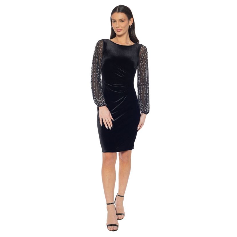 Beaded Sleeve Pleated Side Dress