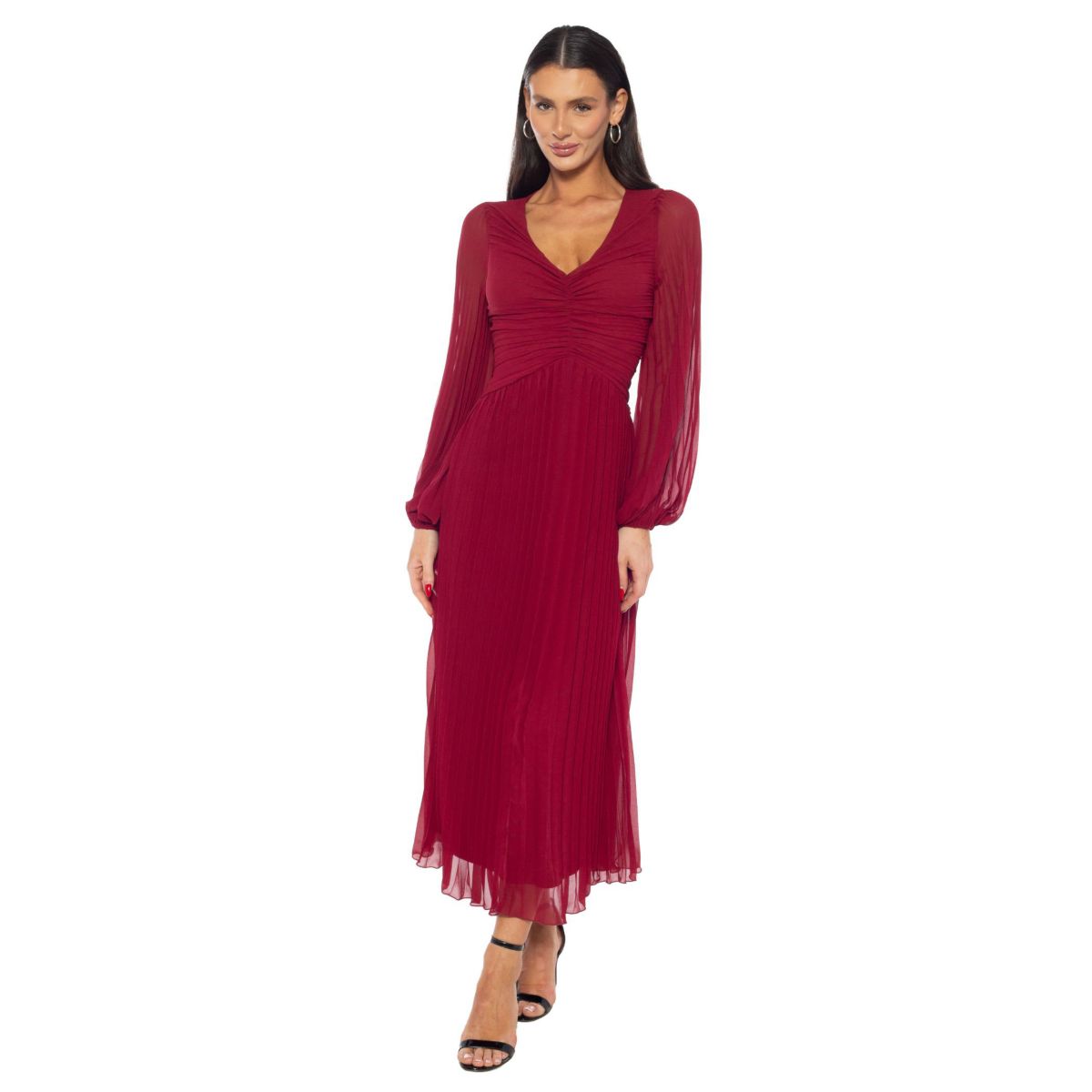 V-Neck Pleated Long Sleeve Dress