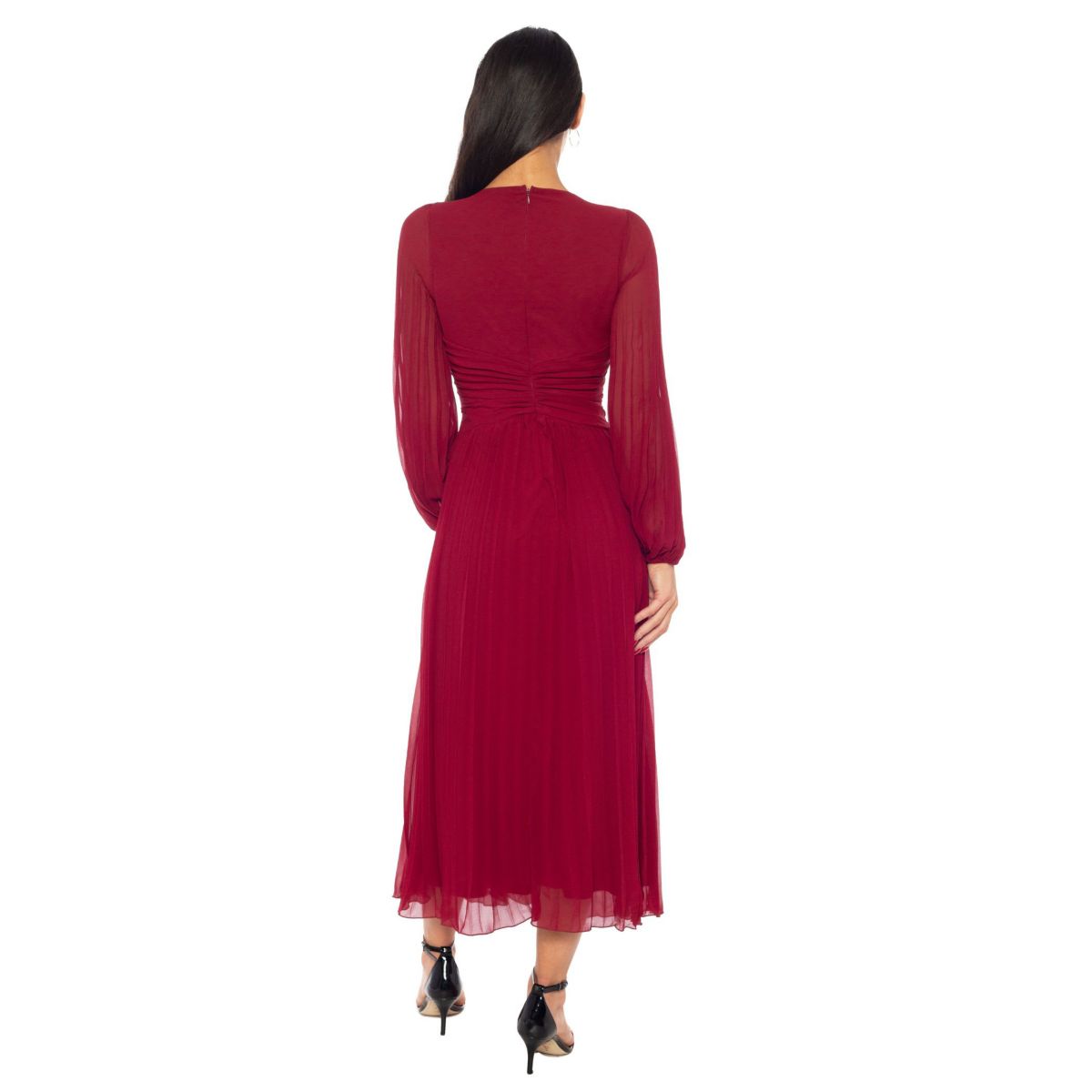 V-Neck Pleated Long Sleeve Dress