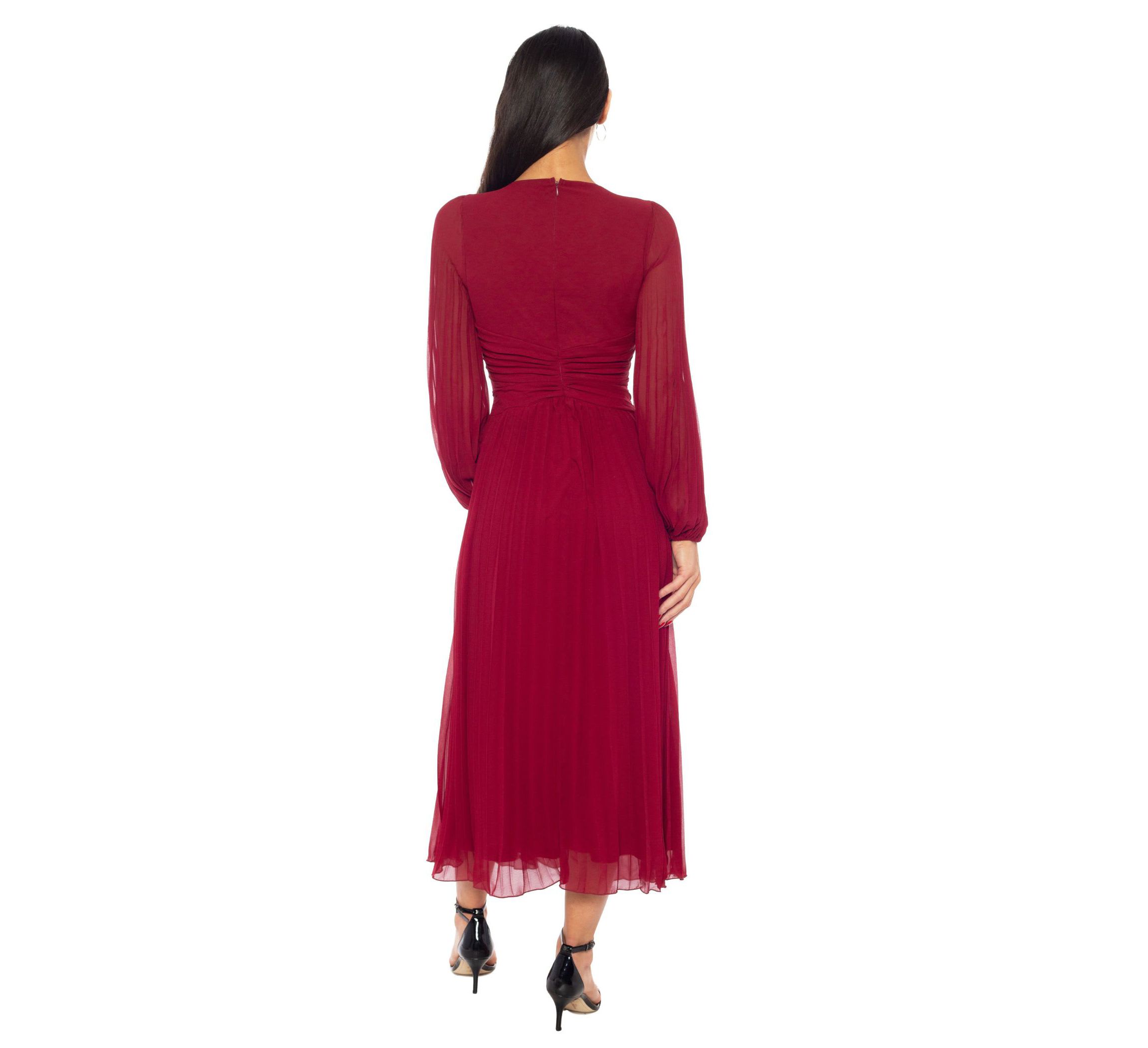V-Neck Pleated Long Sleeve Dress