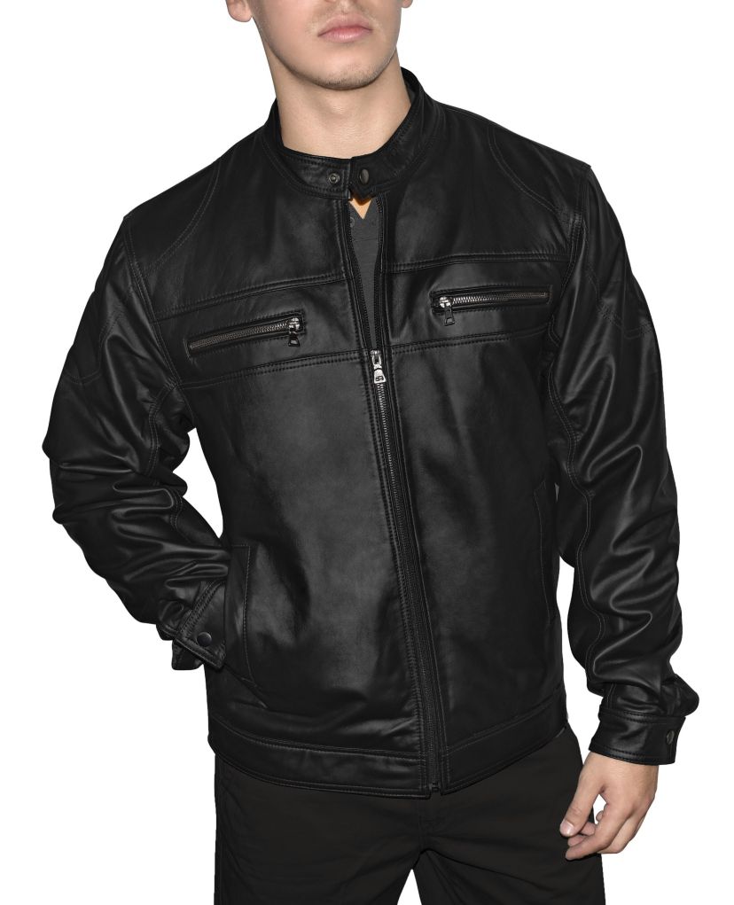 Mens Genuine Leather Multi Pocket Racing Jacket