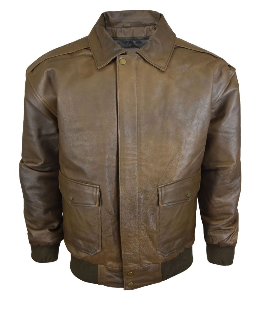 Mens Distressed Brown Leather Classic Aviator Jacket