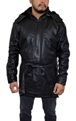Victory Outfitters Men's 3/4 Length Genuine Leather Coat w/Removable Hood, Black, 2XL