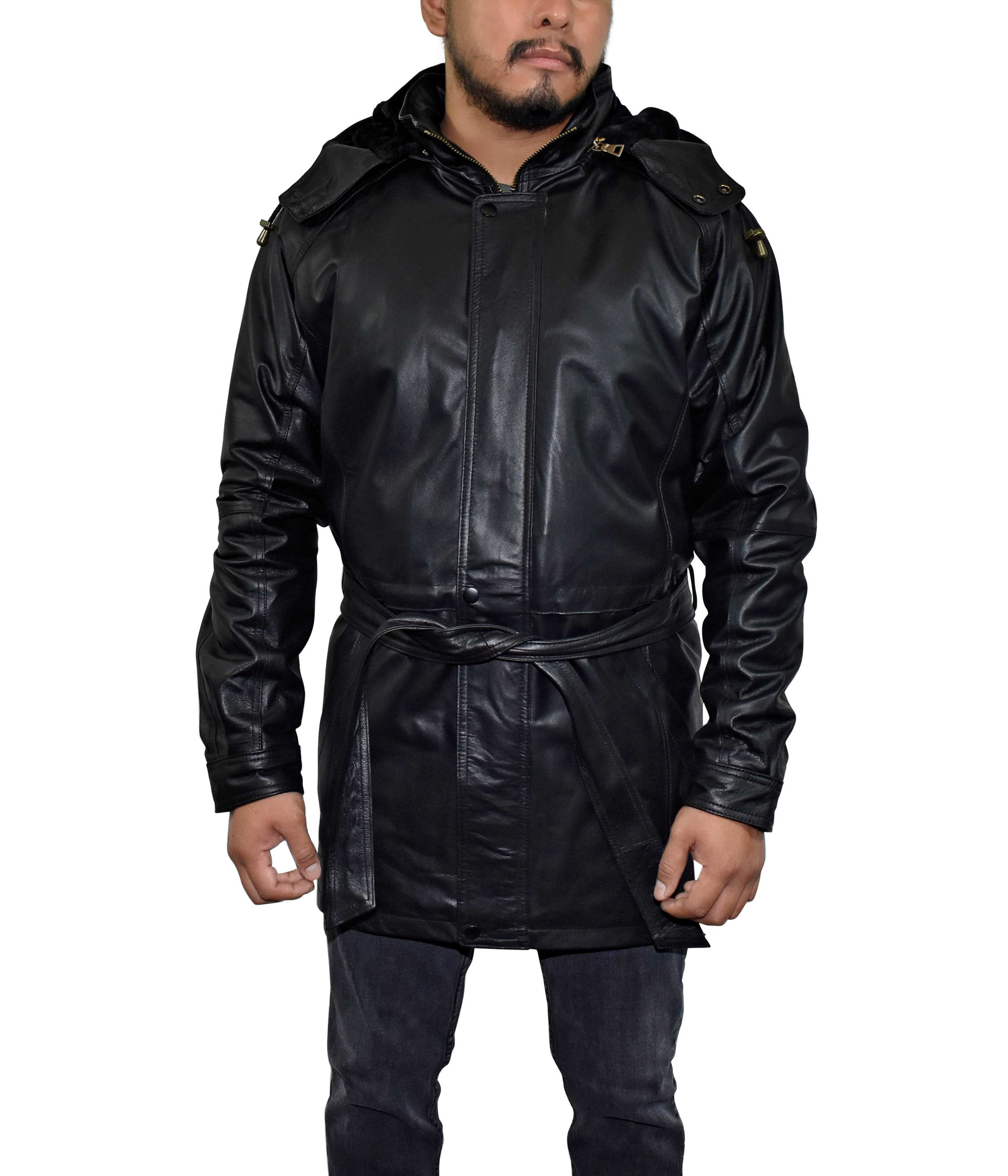 Mens 3/4 Length Genuine Leather Coat w/Removable Hood