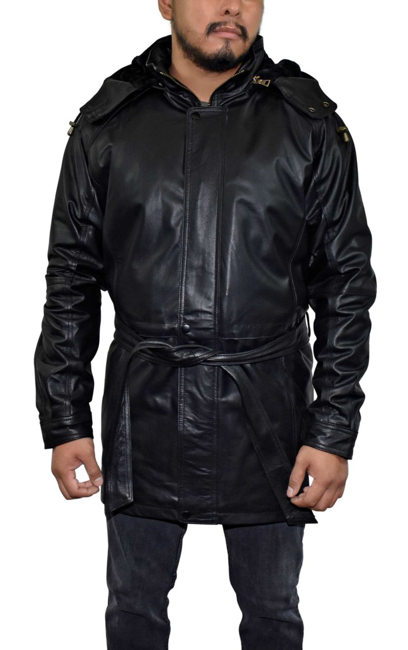 Mens 3/4 Length Genuine Leather Coat w/Removable Hood