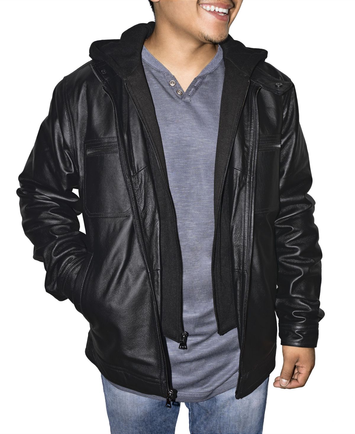 Mens Zip Out Removable Hood Genuine Leather Jacket