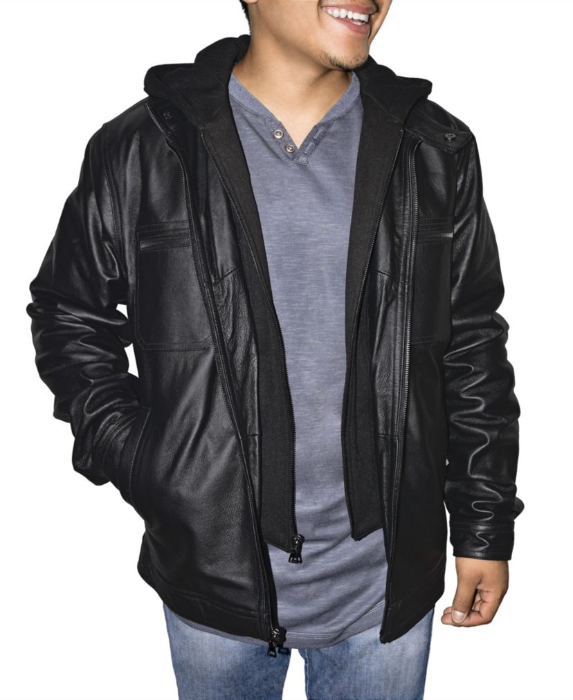 Mens Zip Out Removable Hood Genuine Leather Jacket