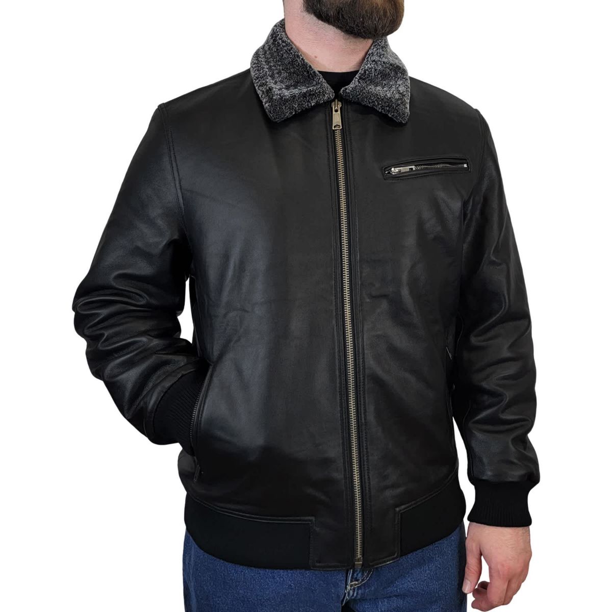 Mens Genuine Leather Quilted Lined Jacket with Sherpa Collar
