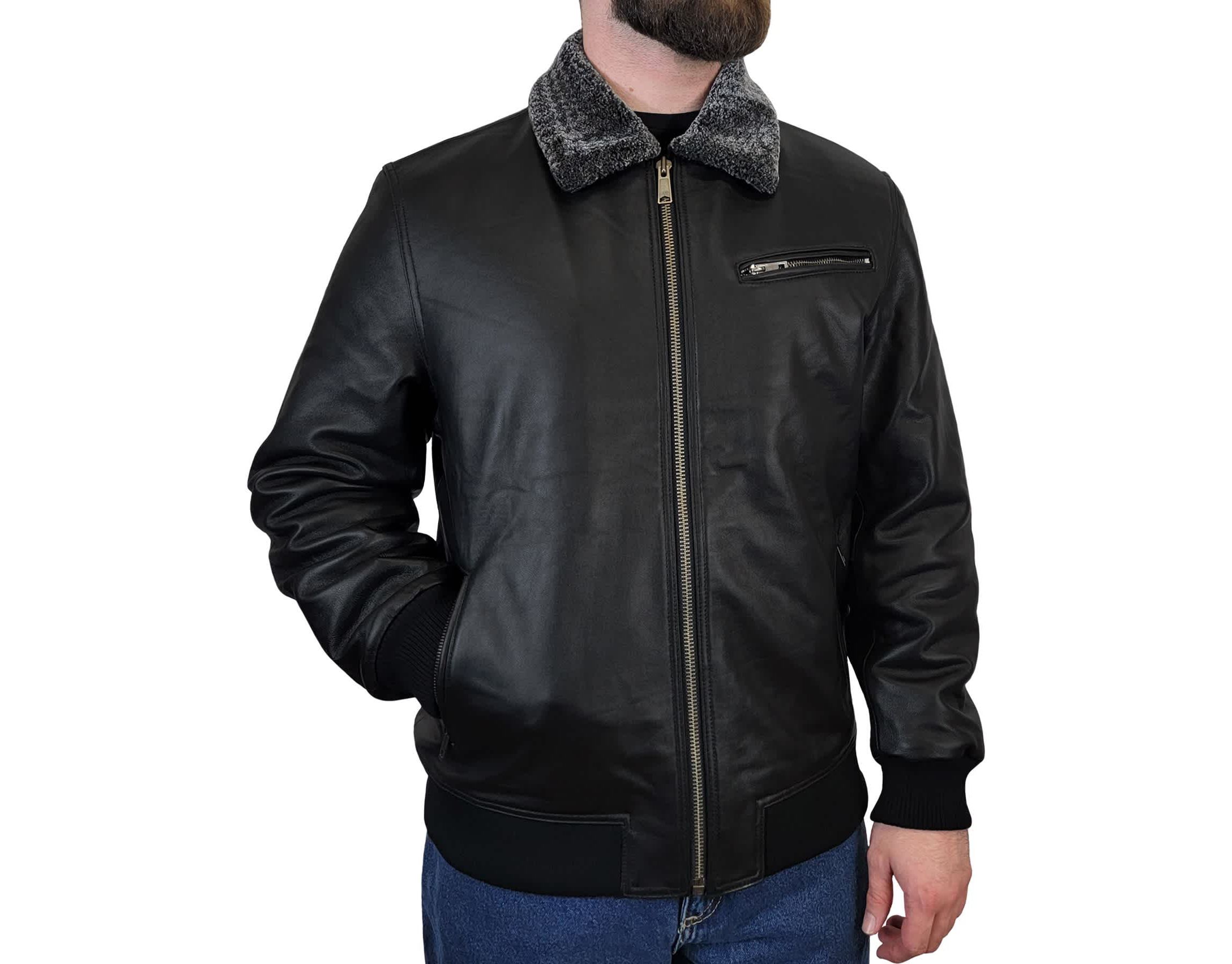 Mens Genuine Leather Quilted Lined Jacket with Sherpa Collar