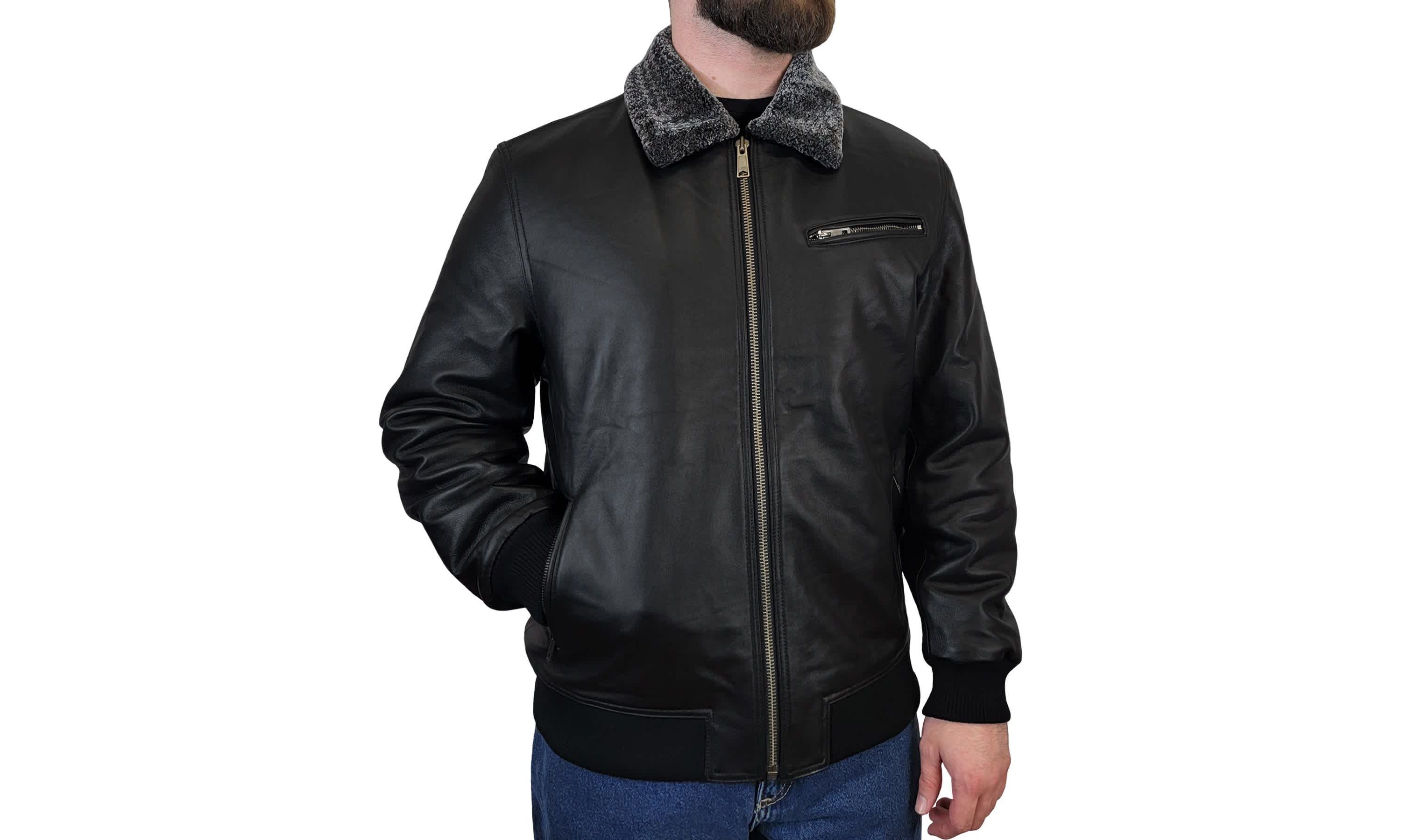 Mens Genuine Leather Quilted Lined Jacket with Sherpa Collar