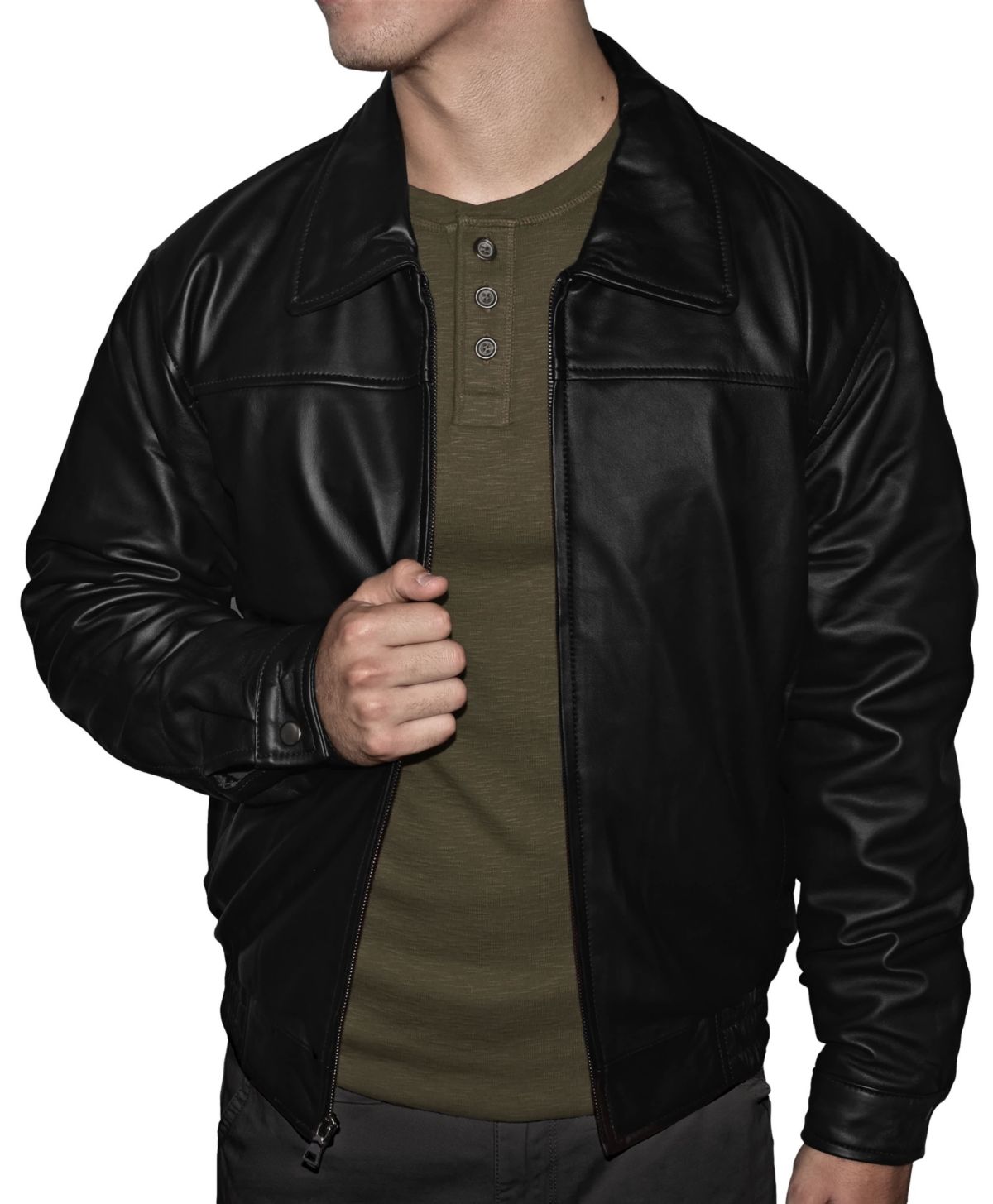 Mens Genuine Quilted Lined Leather Banded Bottom Jacket