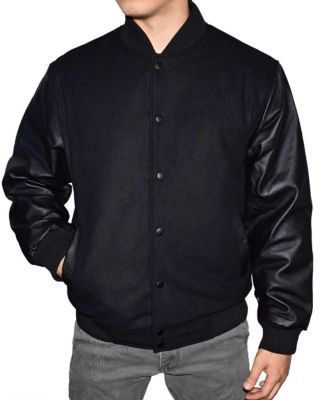 Victory Outfitters Men's Wool Blend Letterman Jacket with Genuine Leather Sleeves, Black, Medium