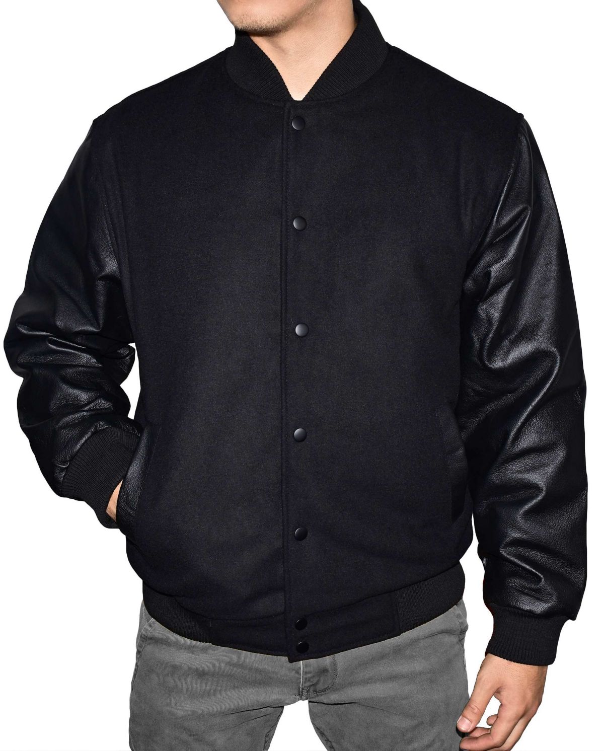 Mens Wool Blend Letterman Jacket with Genuine Leather Sleeves