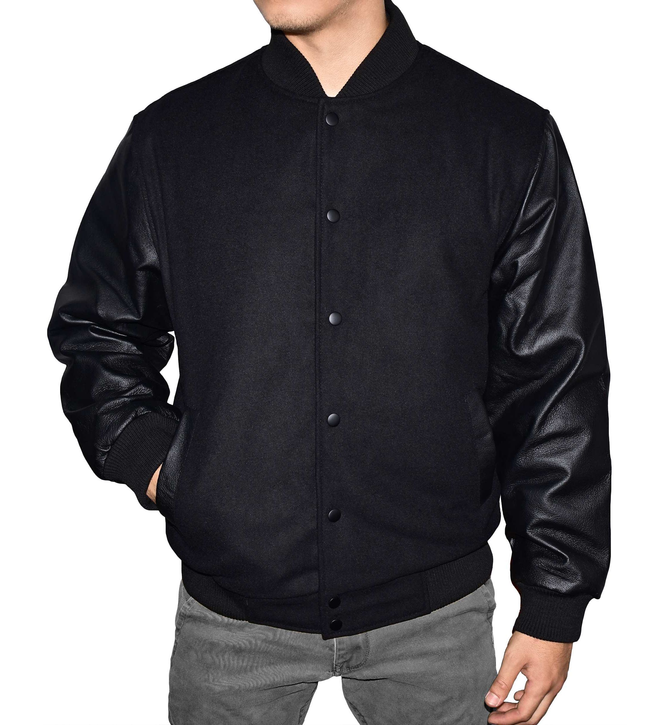 Mens Wool Blend Letterman Jacket with Genuine Leather Sleeves