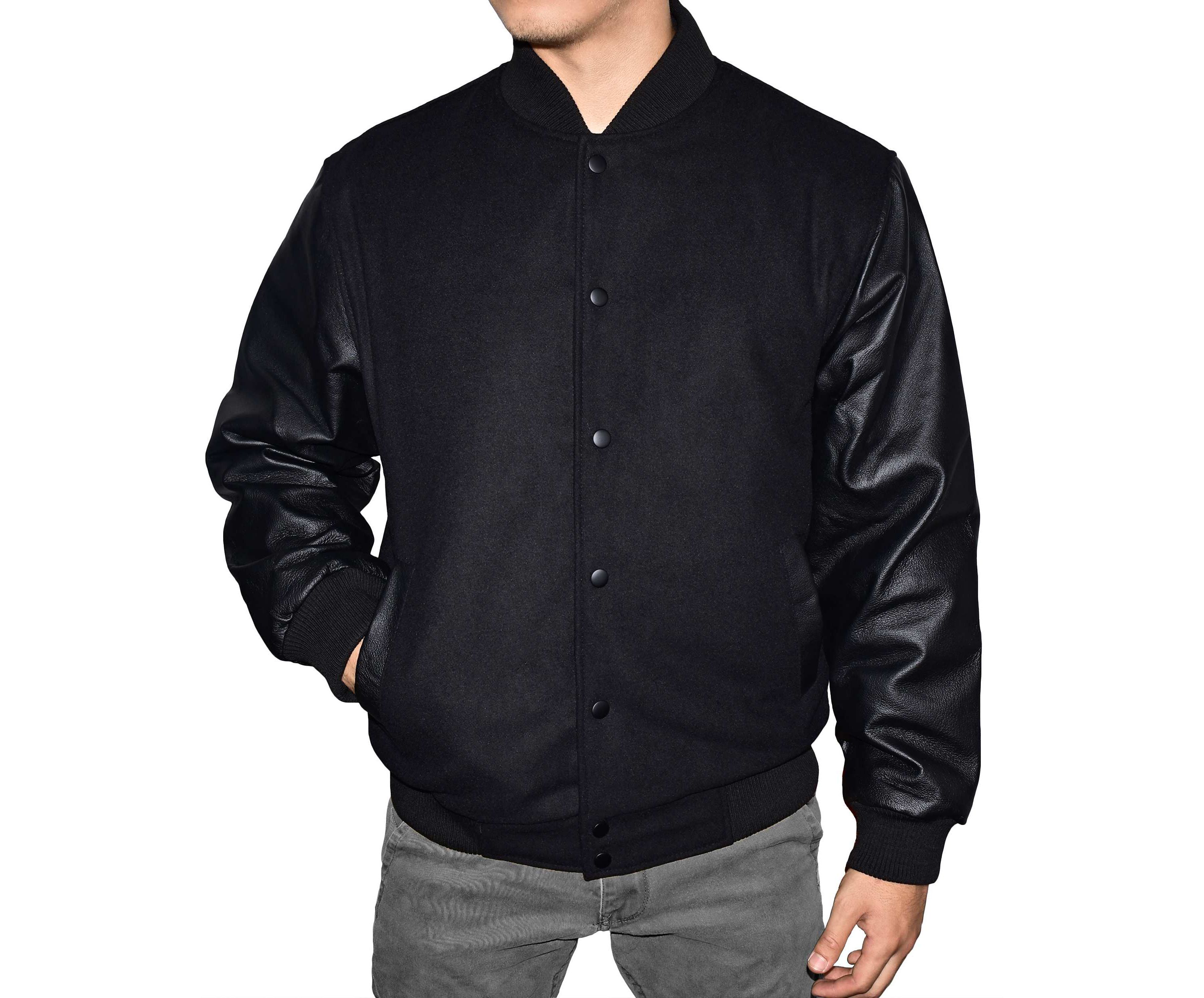 Mens Wool Blend Letterman Jacket with Genuine Leather Sleeves