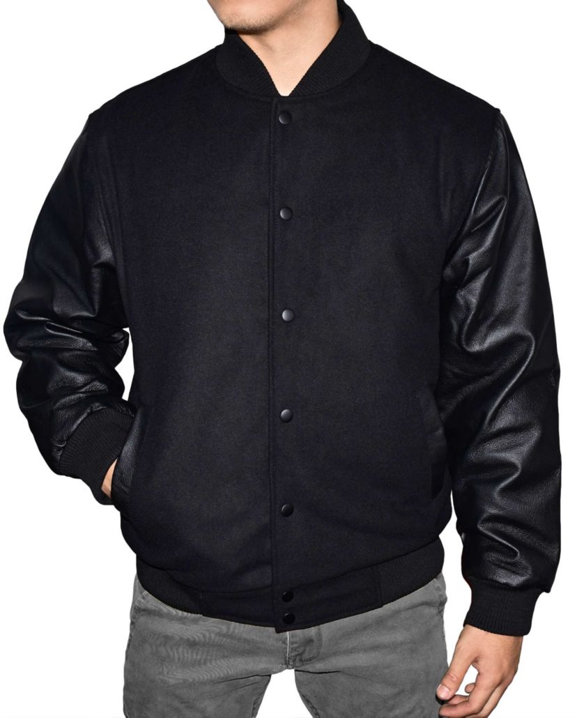Mens Wool Blend Letterman Jacket with Genuine Leather Sleeves