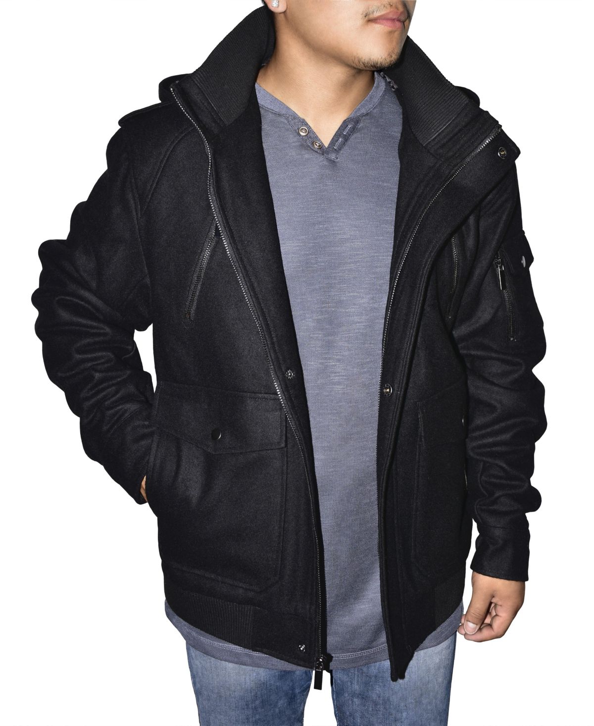 Mens Removable Hooded Wool Blend Bomber Jacket