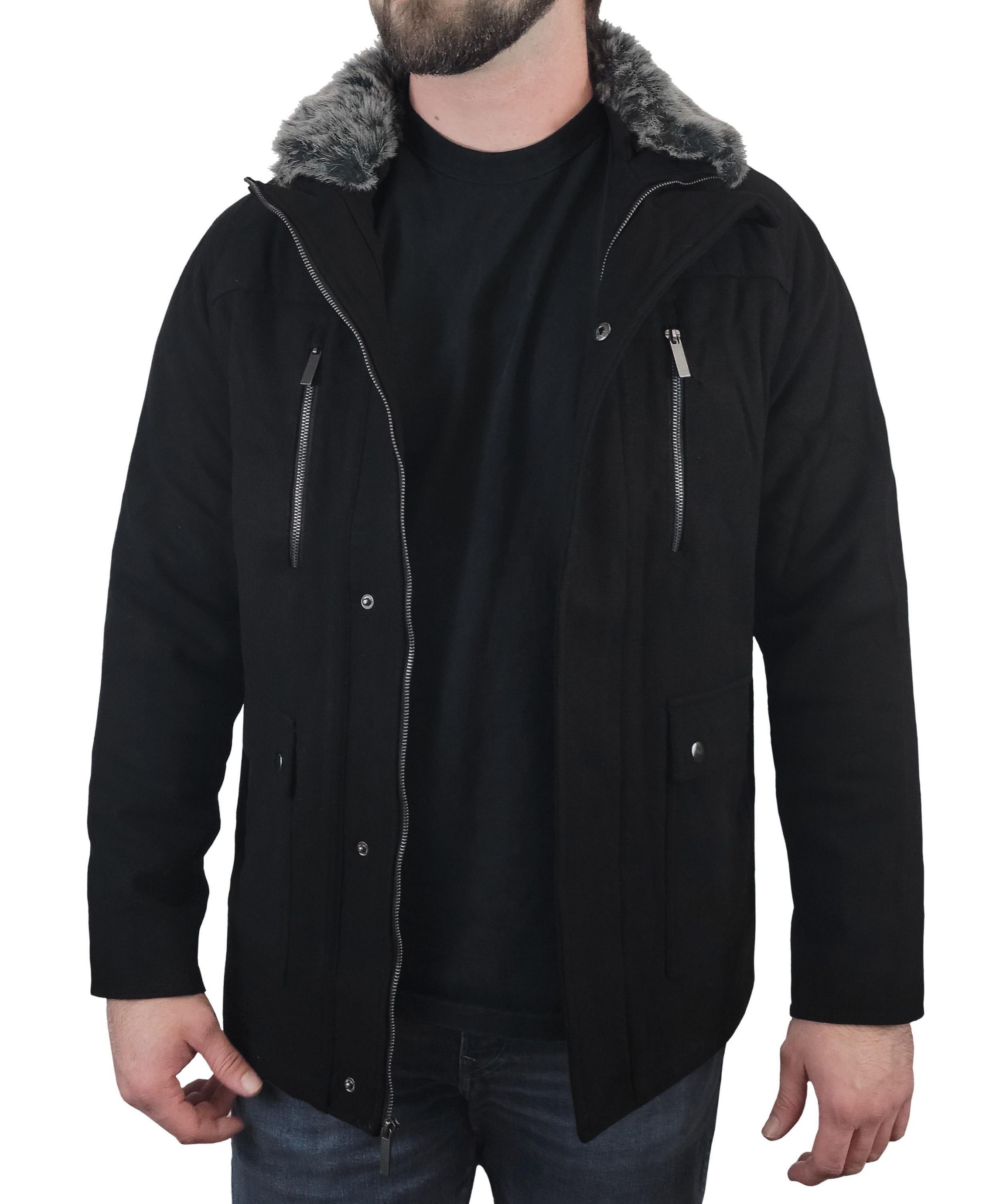 Mens Detachable Faux Fur Collar Wool Blend Coat