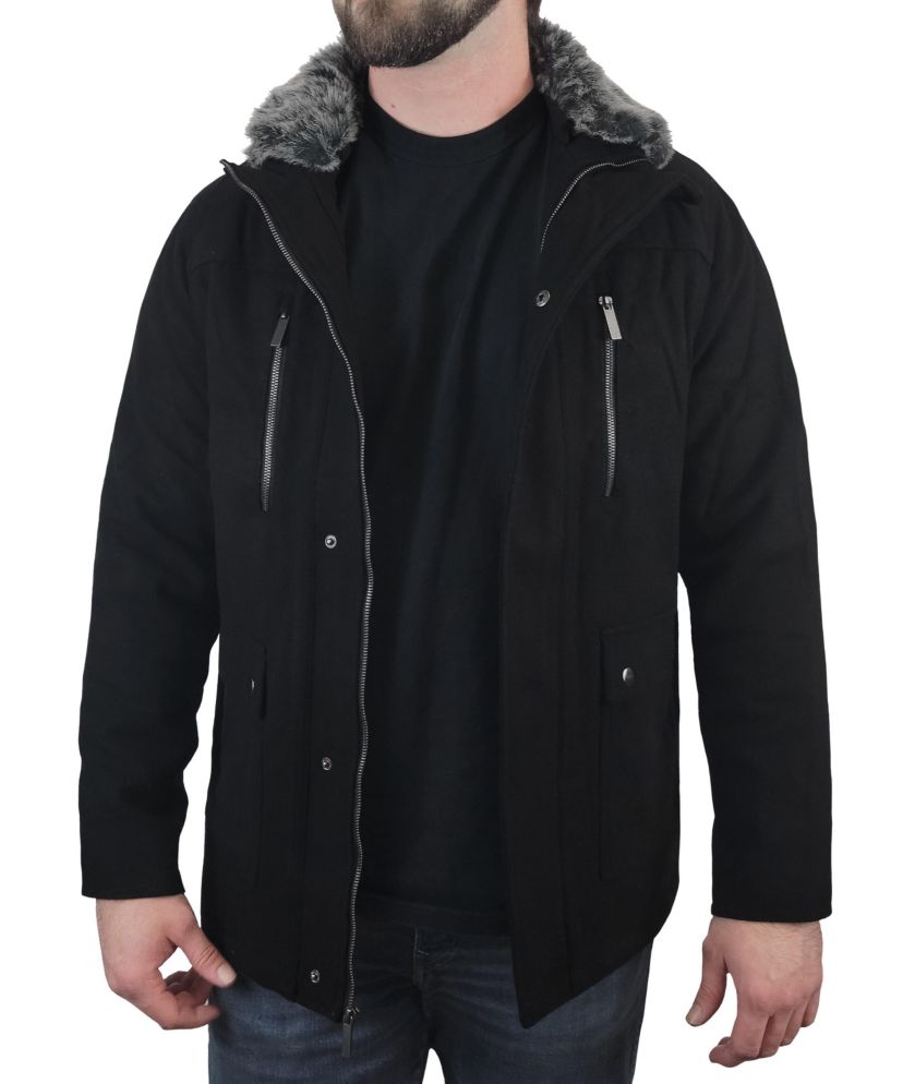 Mens Detachable Faux Fur Collar Wool Blend Coat