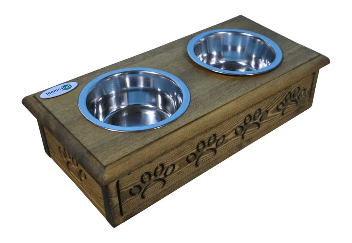 Sassy Paws Wooden Pet Double Diner with Stainless Steel Bowls - Antique Gray - Small