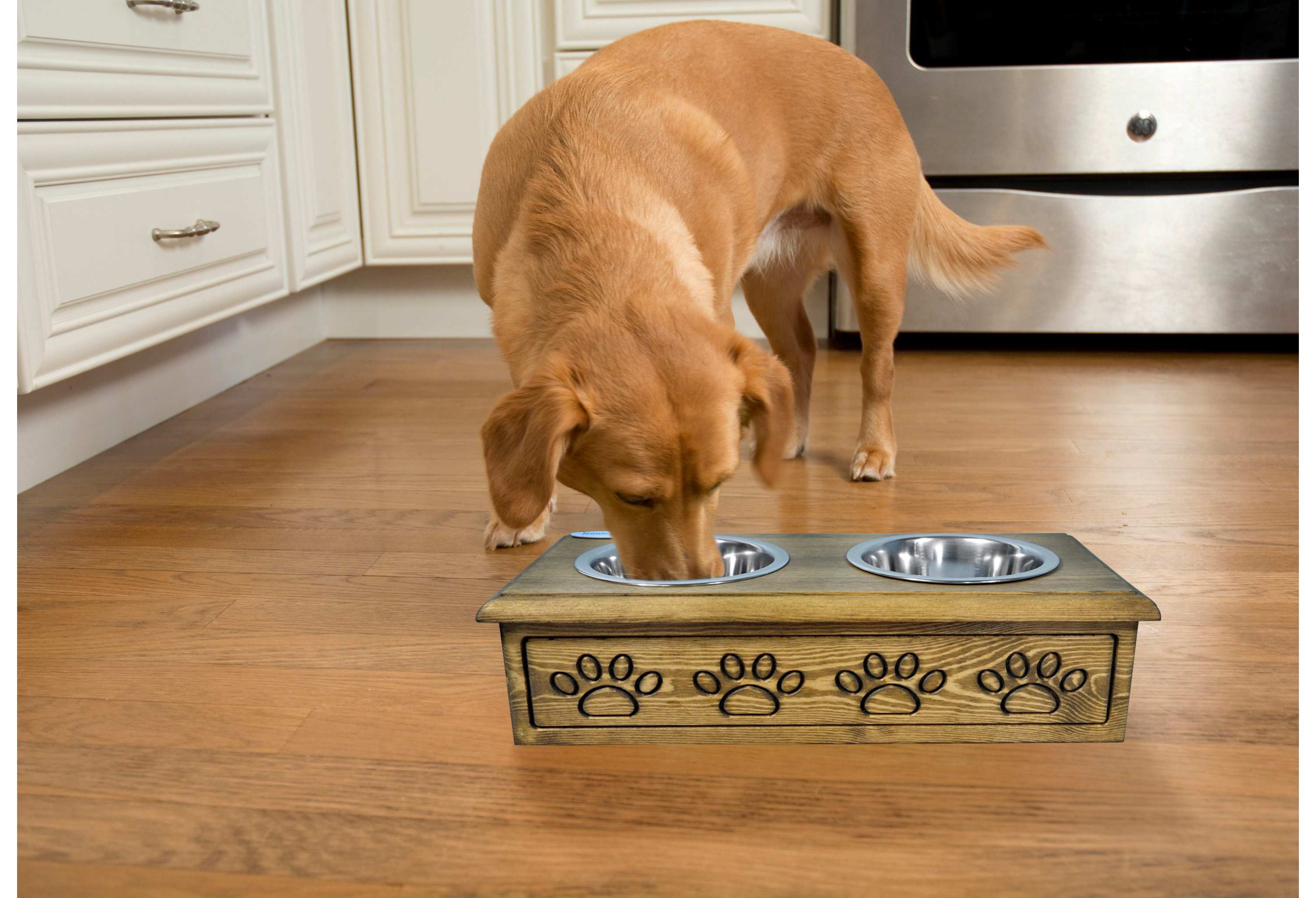 Sassy Paws Wooden Pet Double Diner with Stainless Steel Bowls - Antique Gray - Small