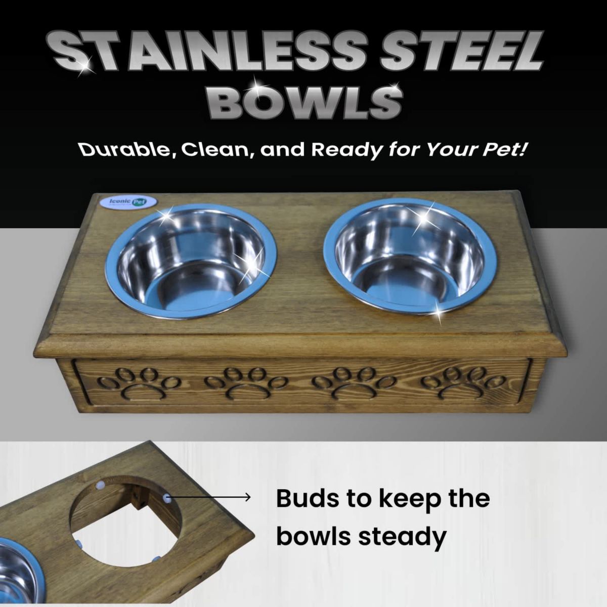 Sassy Paws Wooden Pet Double Diner with Stainless Steel Bowls - Antique Gray - Small