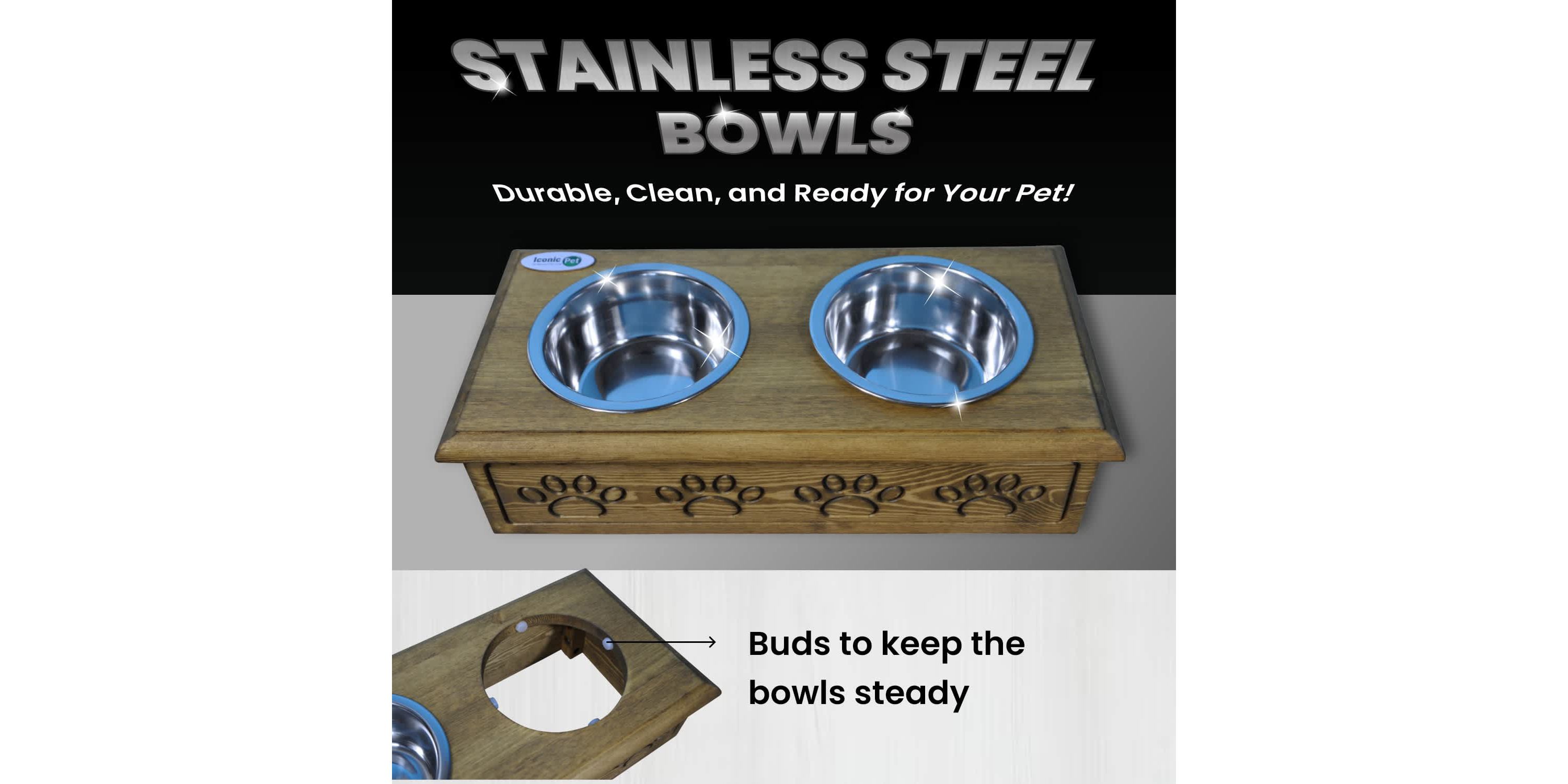 Sassy Paws Wooden Pet Double Diner with Stainless Steel Bowls - Antique Gray - Small
