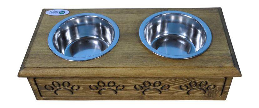 Sassy Paws Wooden Pet Double Diner with Stainless Steel Bowls - Antique Gray - Small