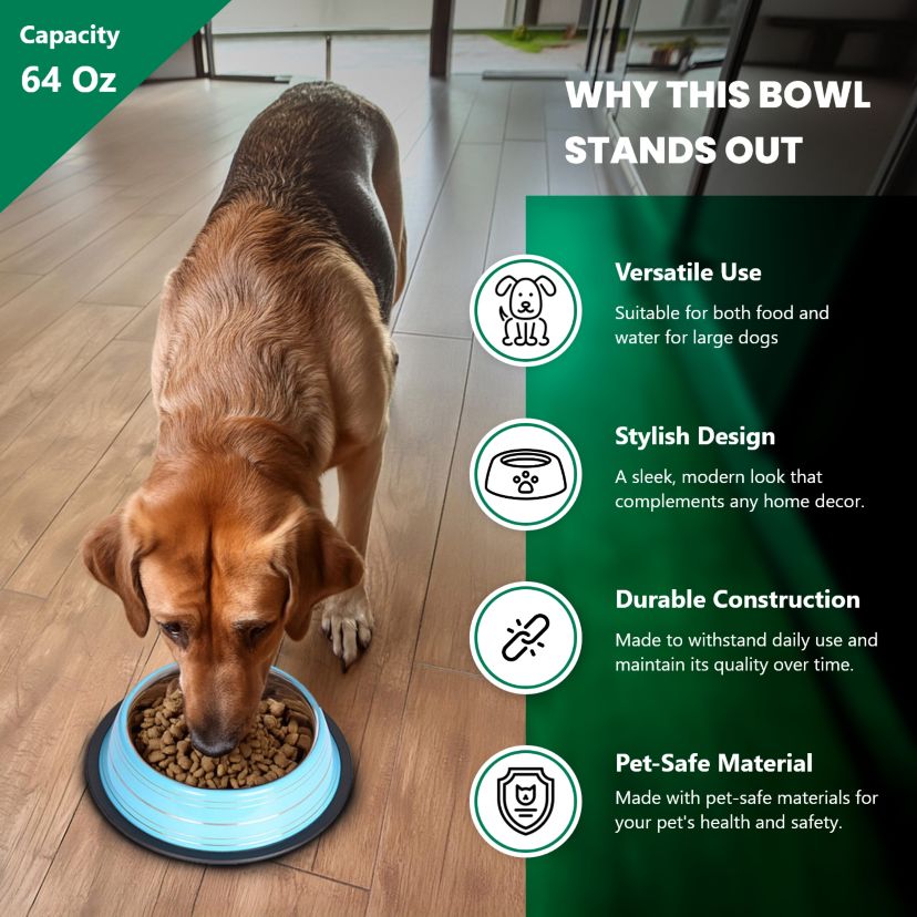 2 Pack Color Splash Stripe Non-Skid Pet Bowl for Dog or Cat - Blue - 64 oz - 8 cup