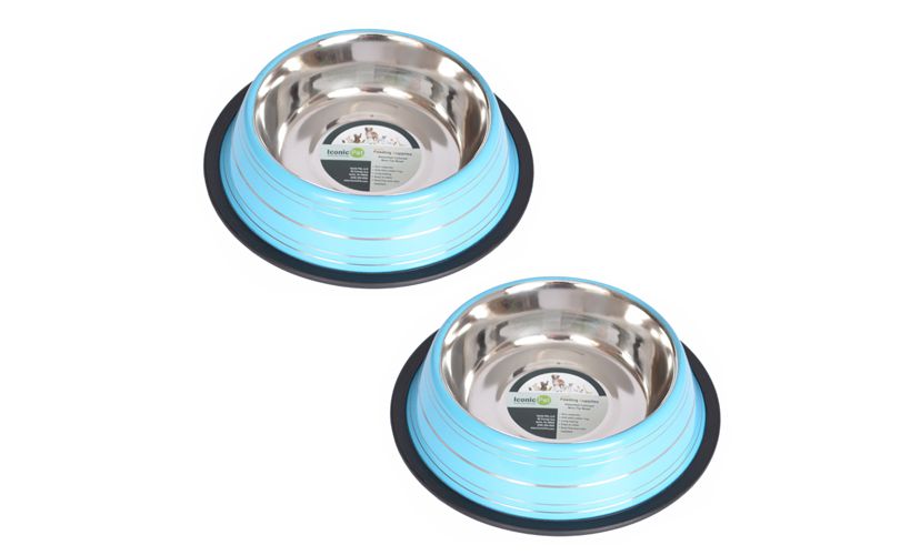 2 Pack Color Splash Stripe Non-Skid Pet Bowl for Dog or Cat - Green - 24 oz - 3 cup