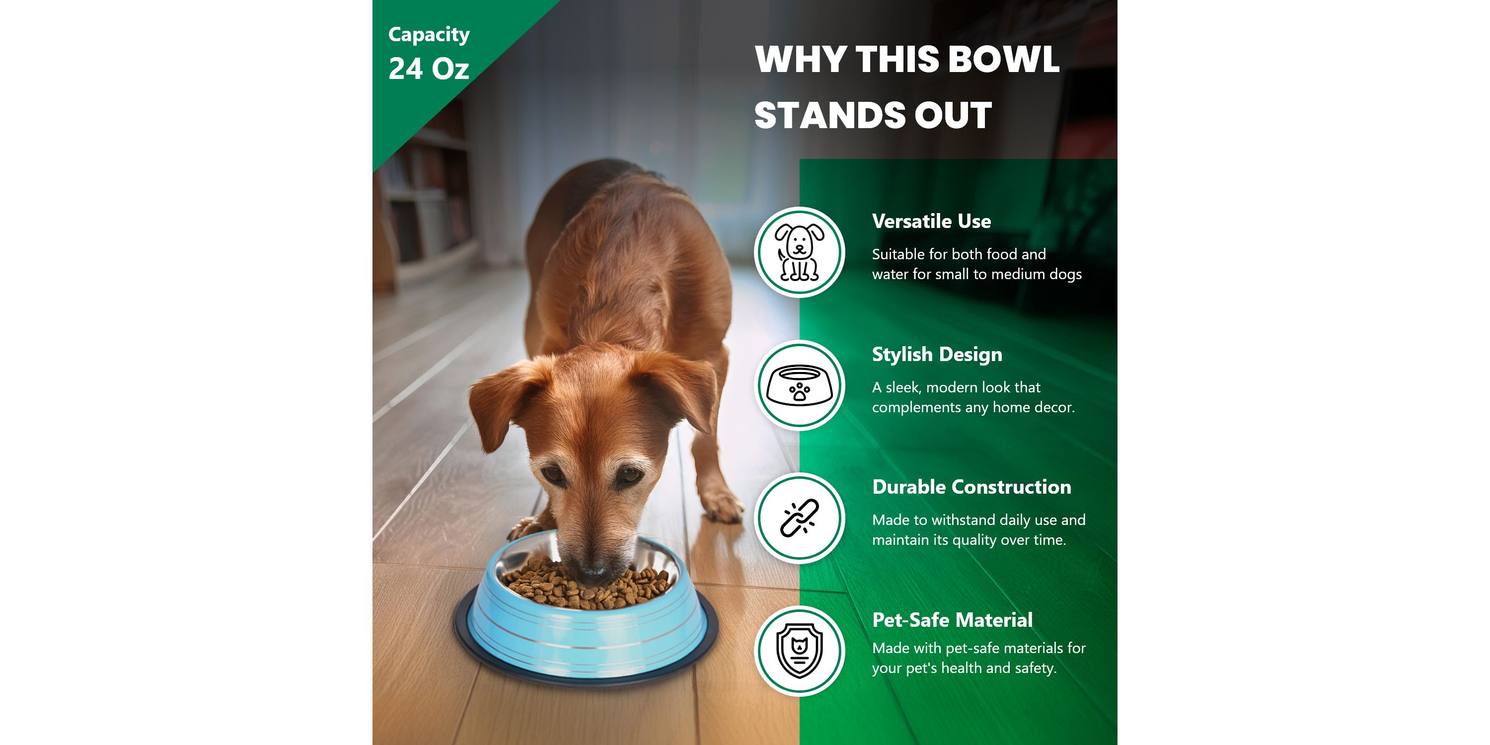2 Pack Color Splash Stripe Non-Skid Pet Bowl for Dog or Cat - Green - 24 oz - 3 cup