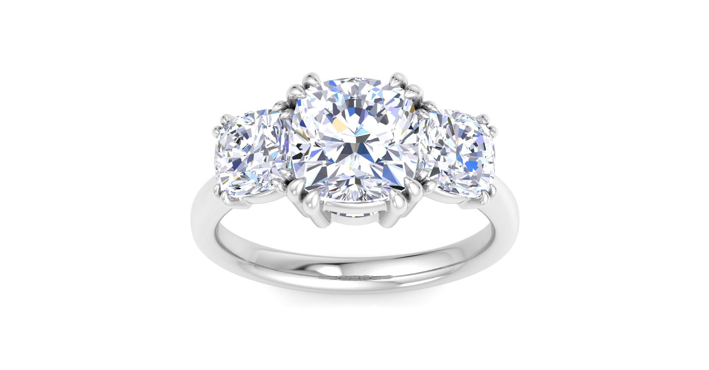 Lab Created 5 Carat Cushion Cut Lab Grown Diamond Three Stone Engagement Ring Available in 14K White and Yellow Gold