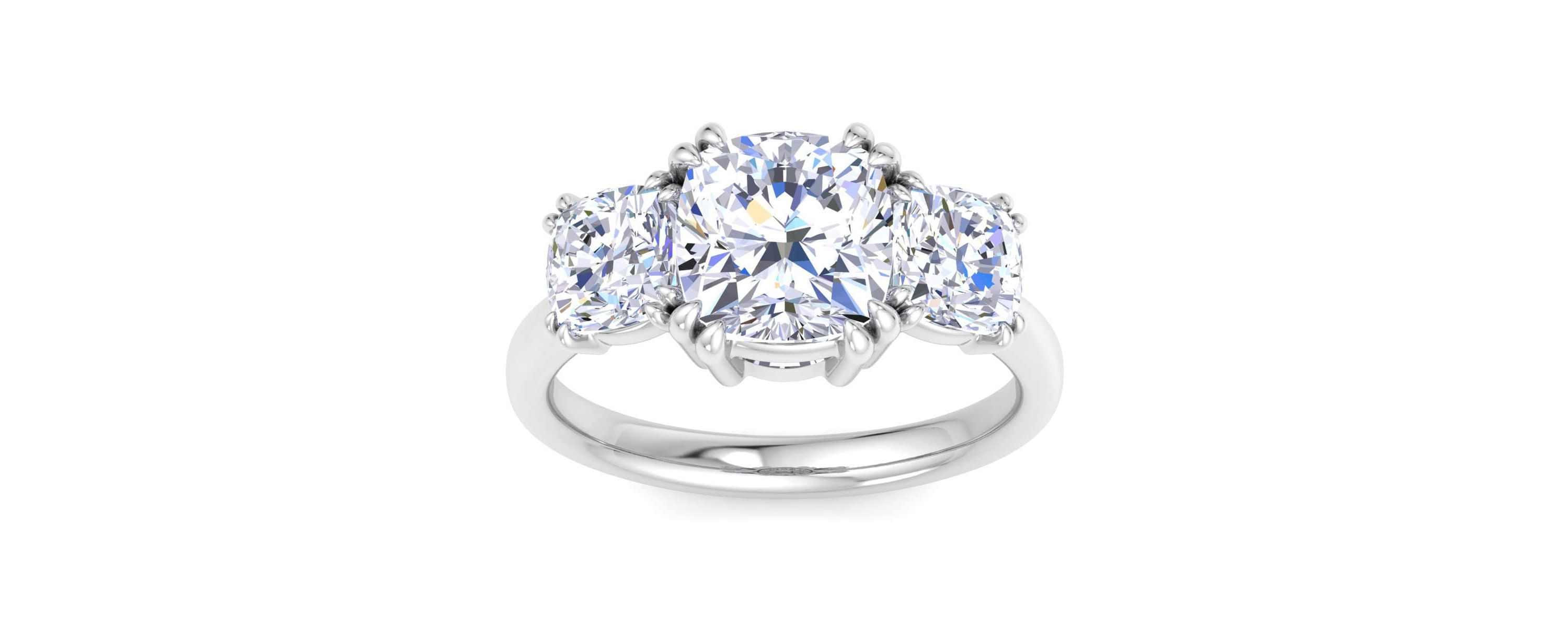 Lab Created 5 Carat Cushion Cut Lab Grown Diamond Three Stone Engagement Ring Available in 14K White and Yellow Gold